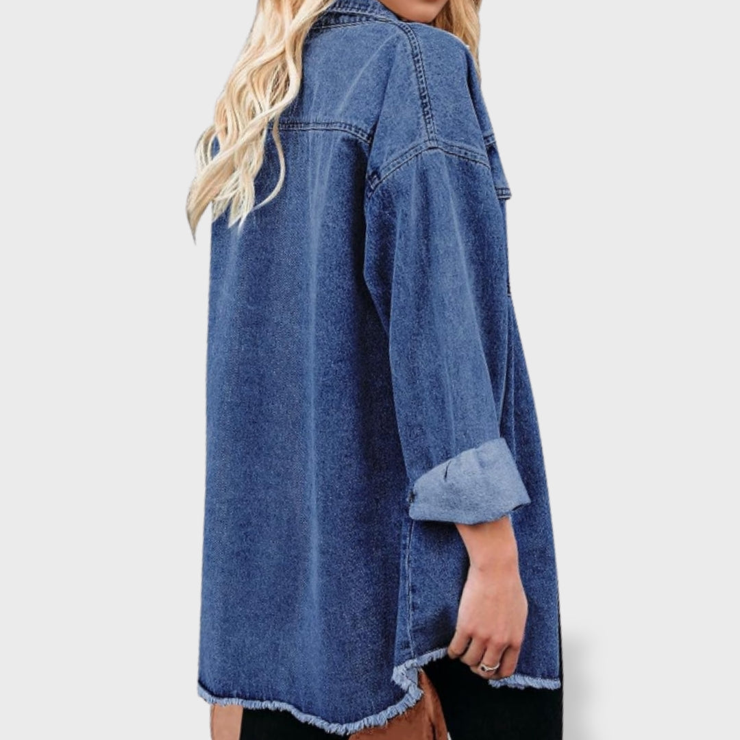 María naiste oversized teksajakk nööpide ja taskutega