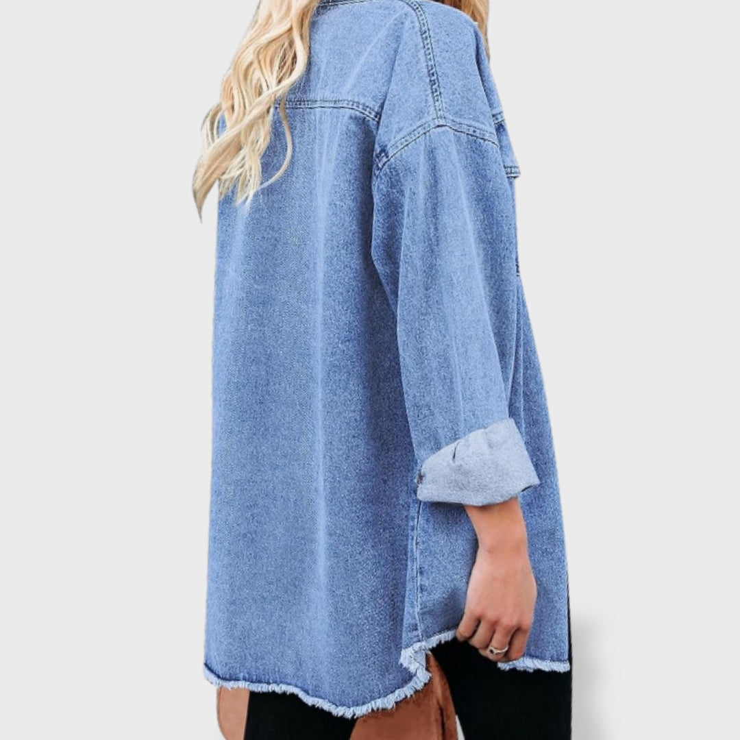 María naiste oversized teksajakk nööpide ja taskutega