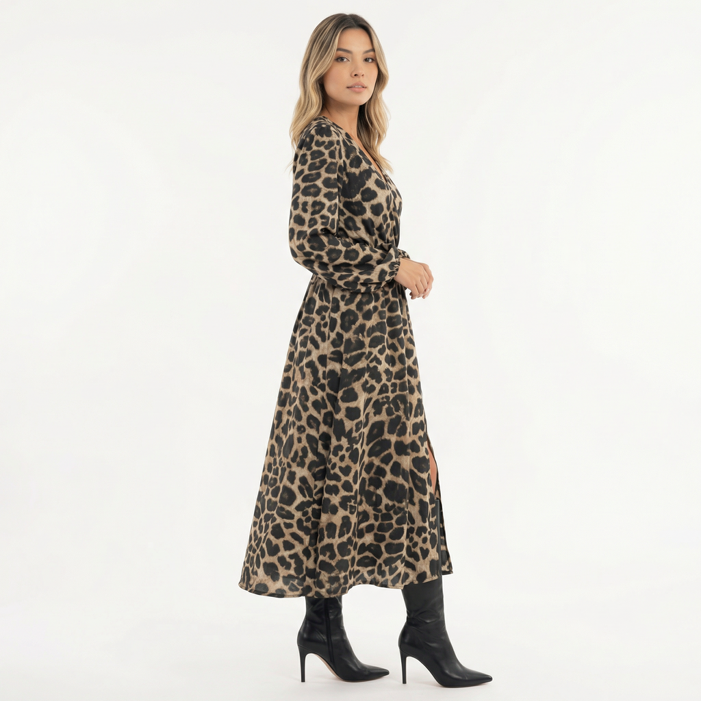 Elegantne Leopardimuster Midi Kleid