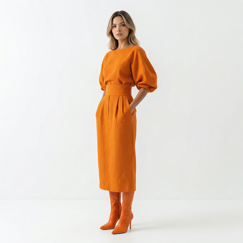 Elegantne Oranž Midi Kleit