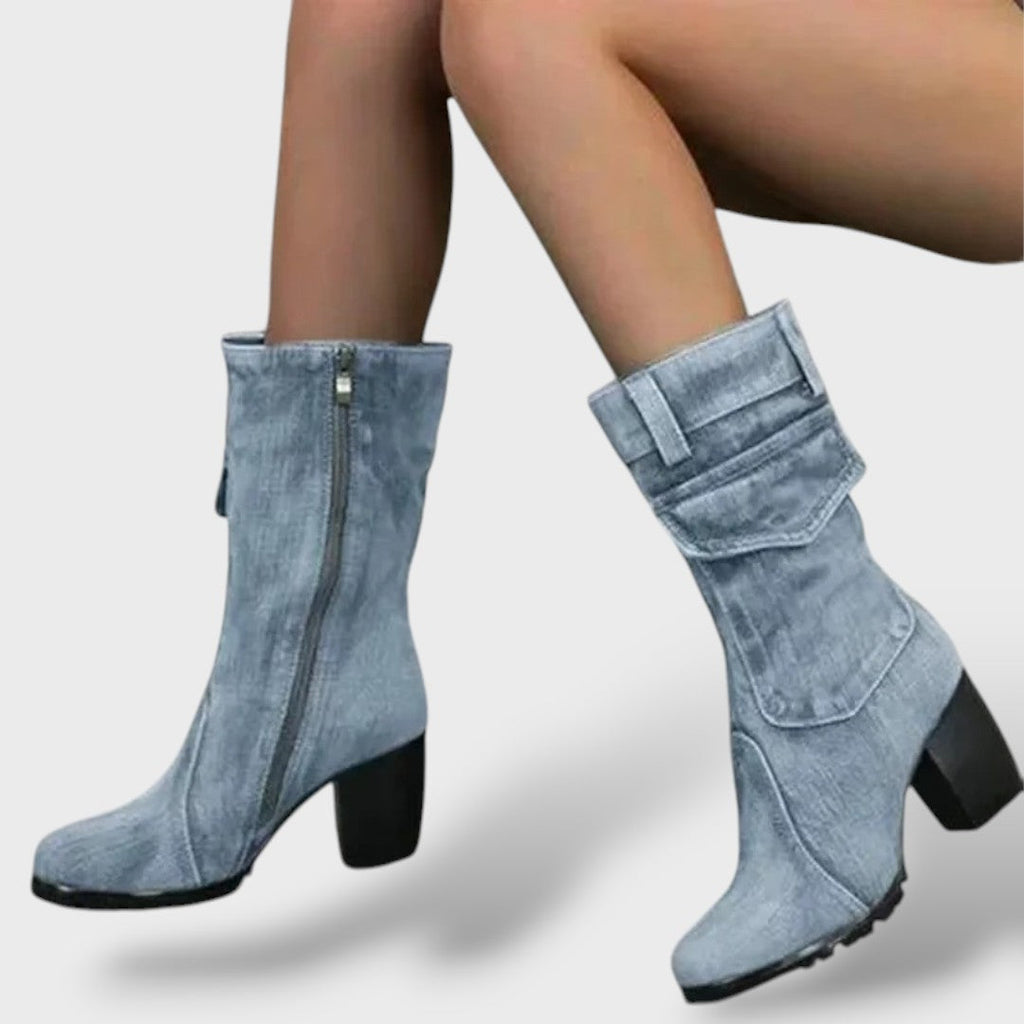 Naisten Cowboy Saapad Kõrge Kontsaga Denim