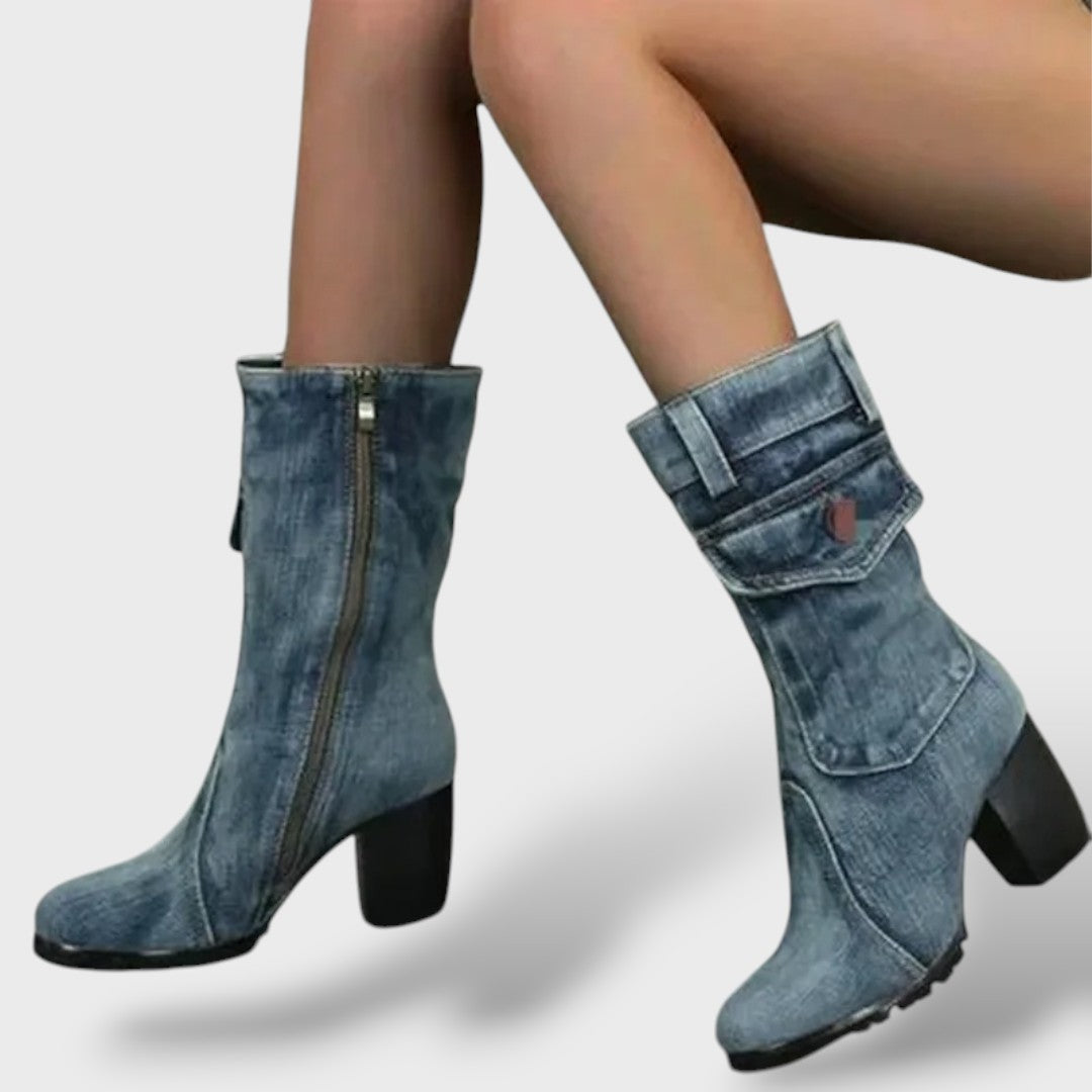 Naisten Cowboy Saapad Kõrge Kontsaga Denim