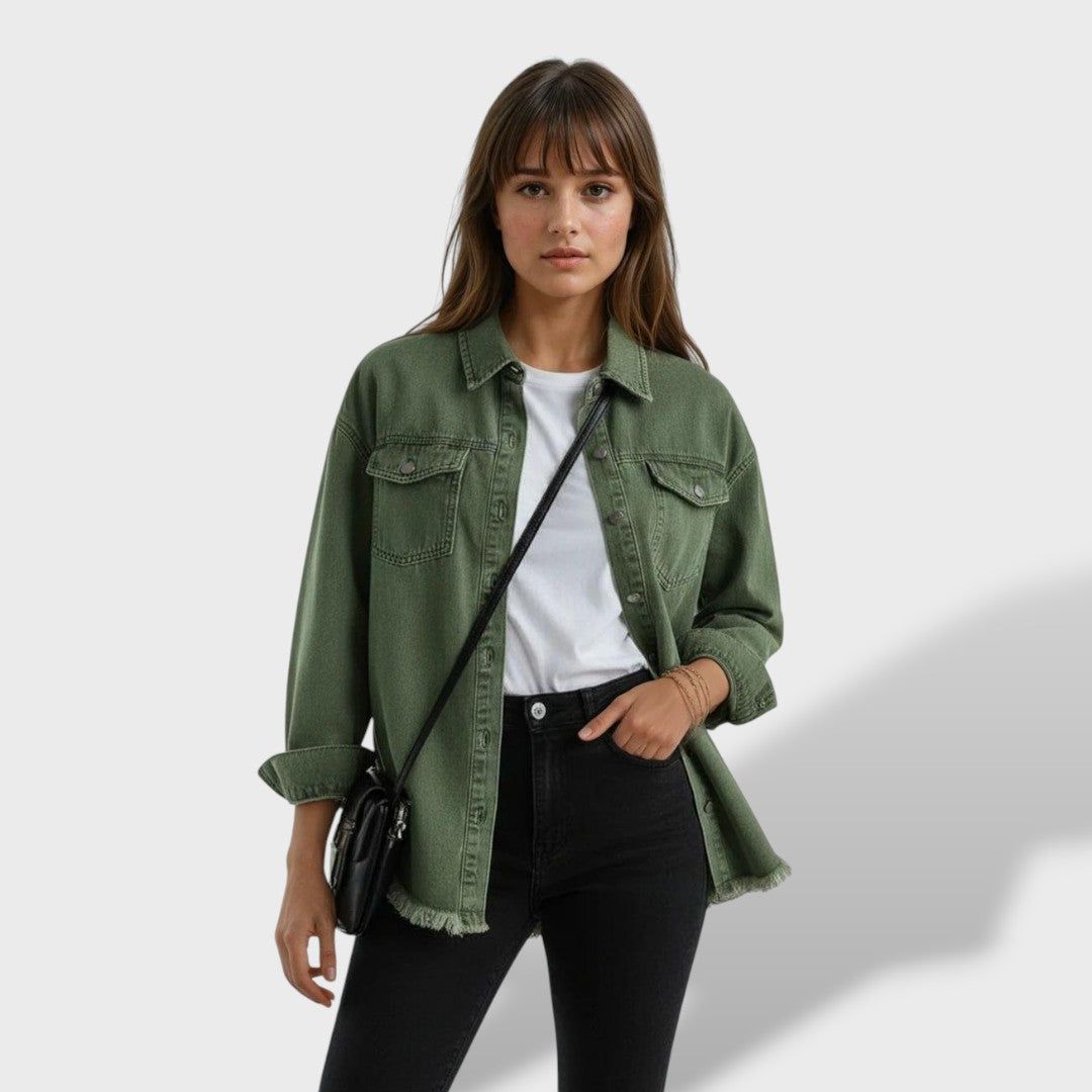 María naiste oversized teksajakk nööpide ja taskutega